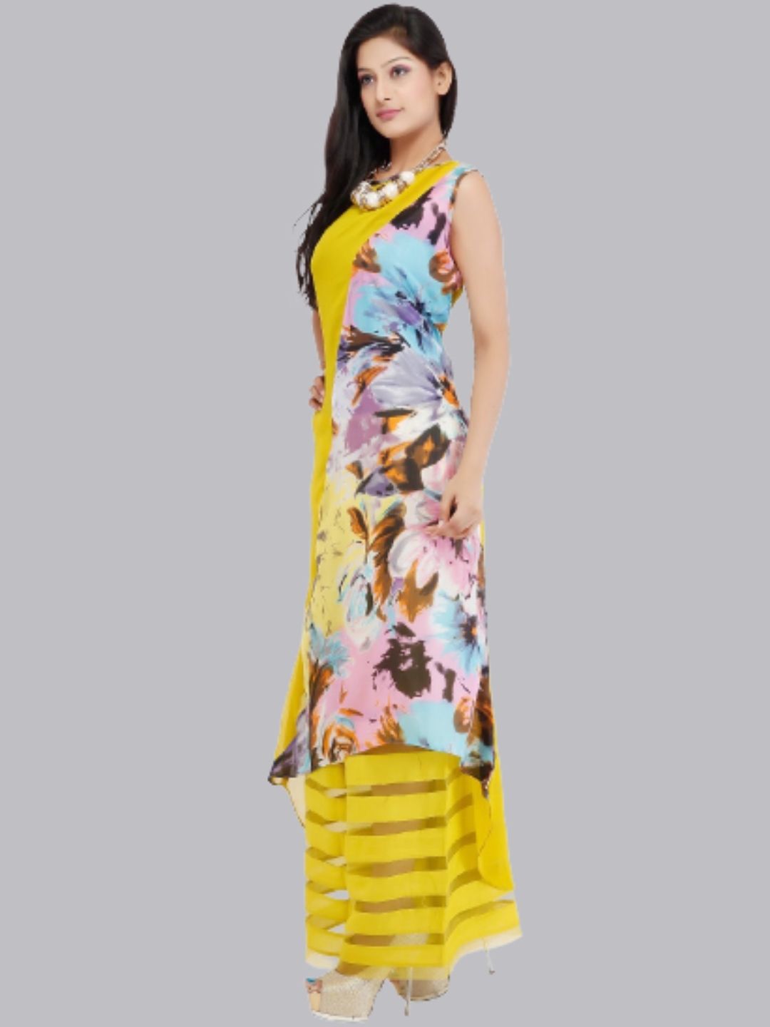 Yellow Umbrella Style Half & Half Floral Kurti With Palazzo