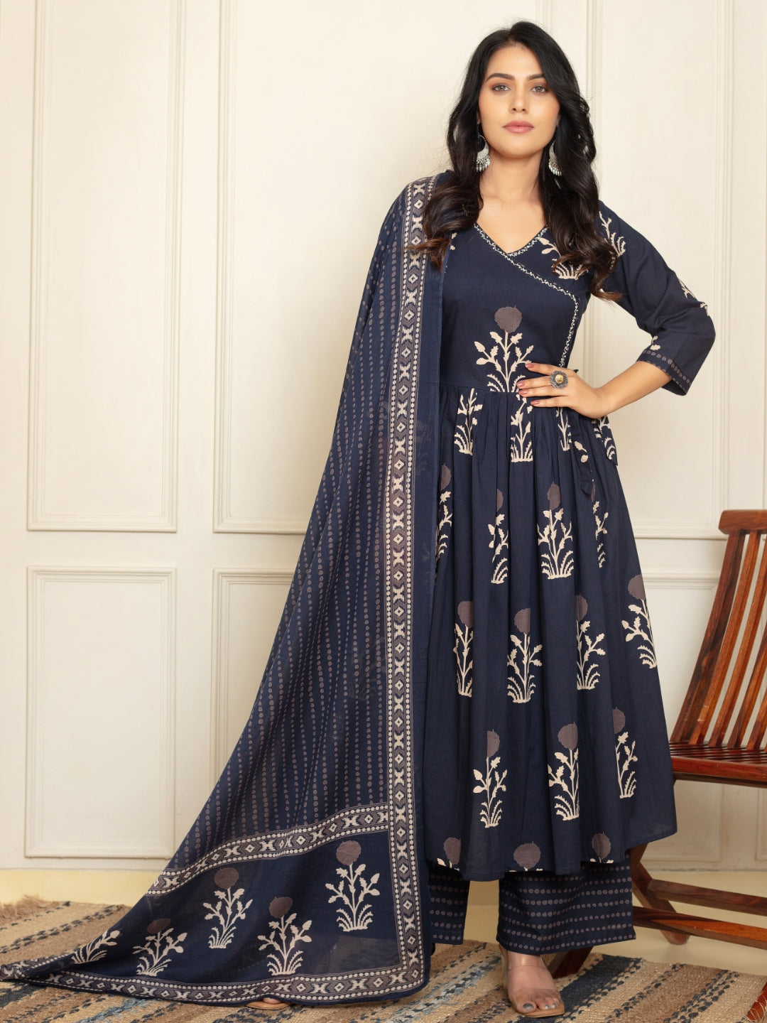 Chhabra 555 Block Printed Angrakha Kurta Set with Thread Work, Printed Pant & Dupatta