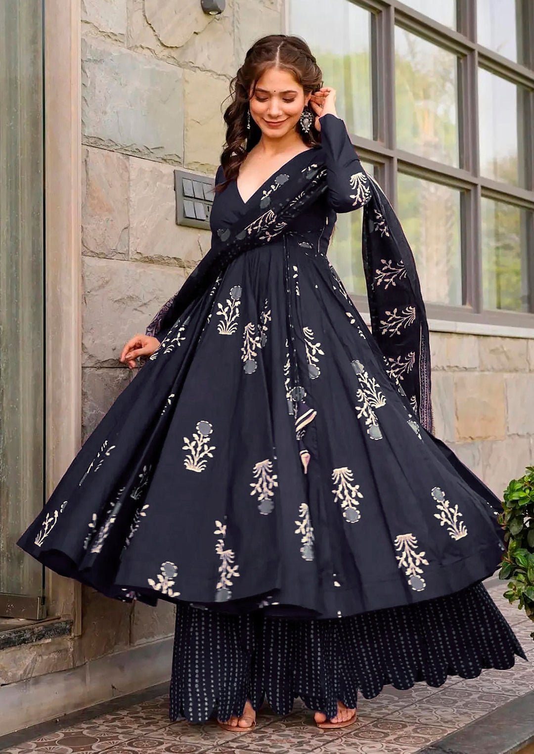 Chhabra 555 Block Printed Angrakha Kurta Set with Thread Work, Printed Pant & Dupatta