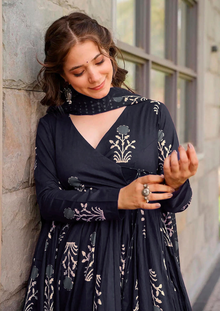 Chhabra 555 Block Printed Angrakha Kurta Set with Thread Work, Printed Pant & Dupatta