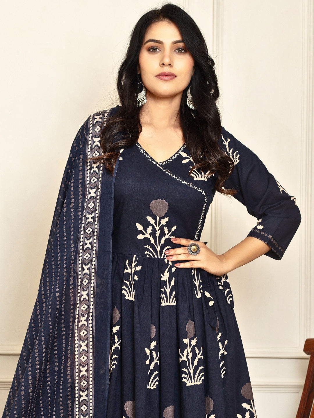 Chhabra 555 Block Printed Angrakha Kurta Set with Thread Work, Printed Pant & Dupatta