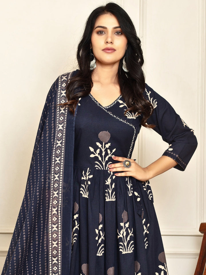 Chhabra 555 Block Printed Angrakha Kurta Set with Thread Work, Printed Pant & Dupatta