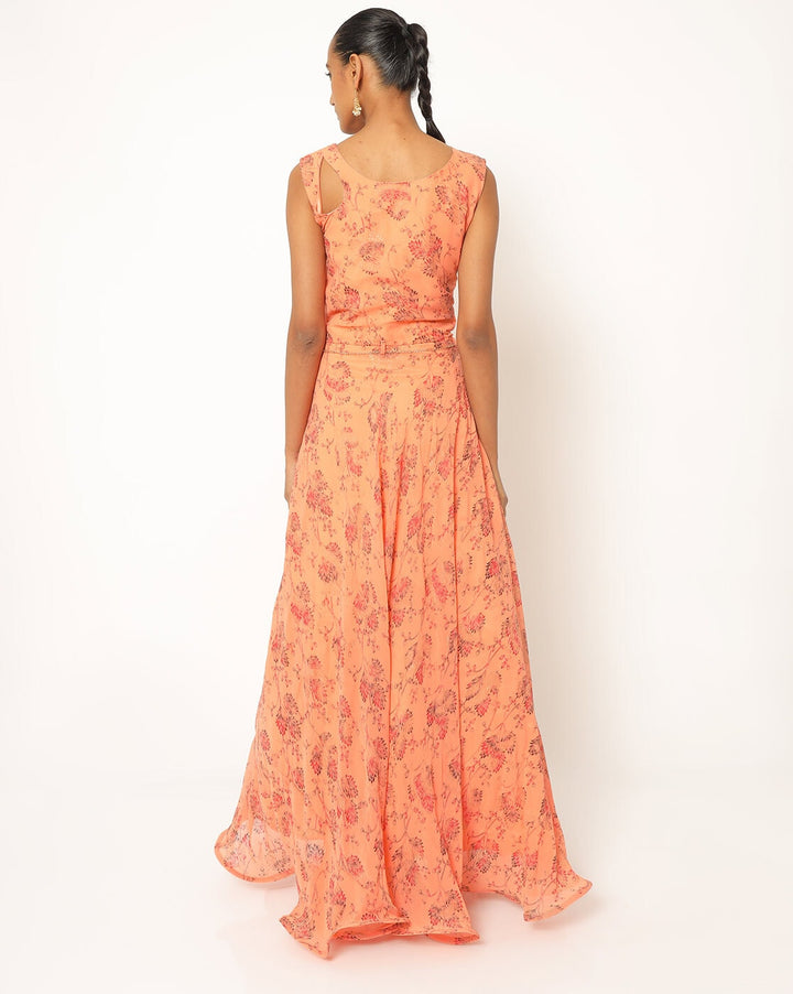 Digital Floral  Flowing Georgette Gown with Crystal Embellishments Belt