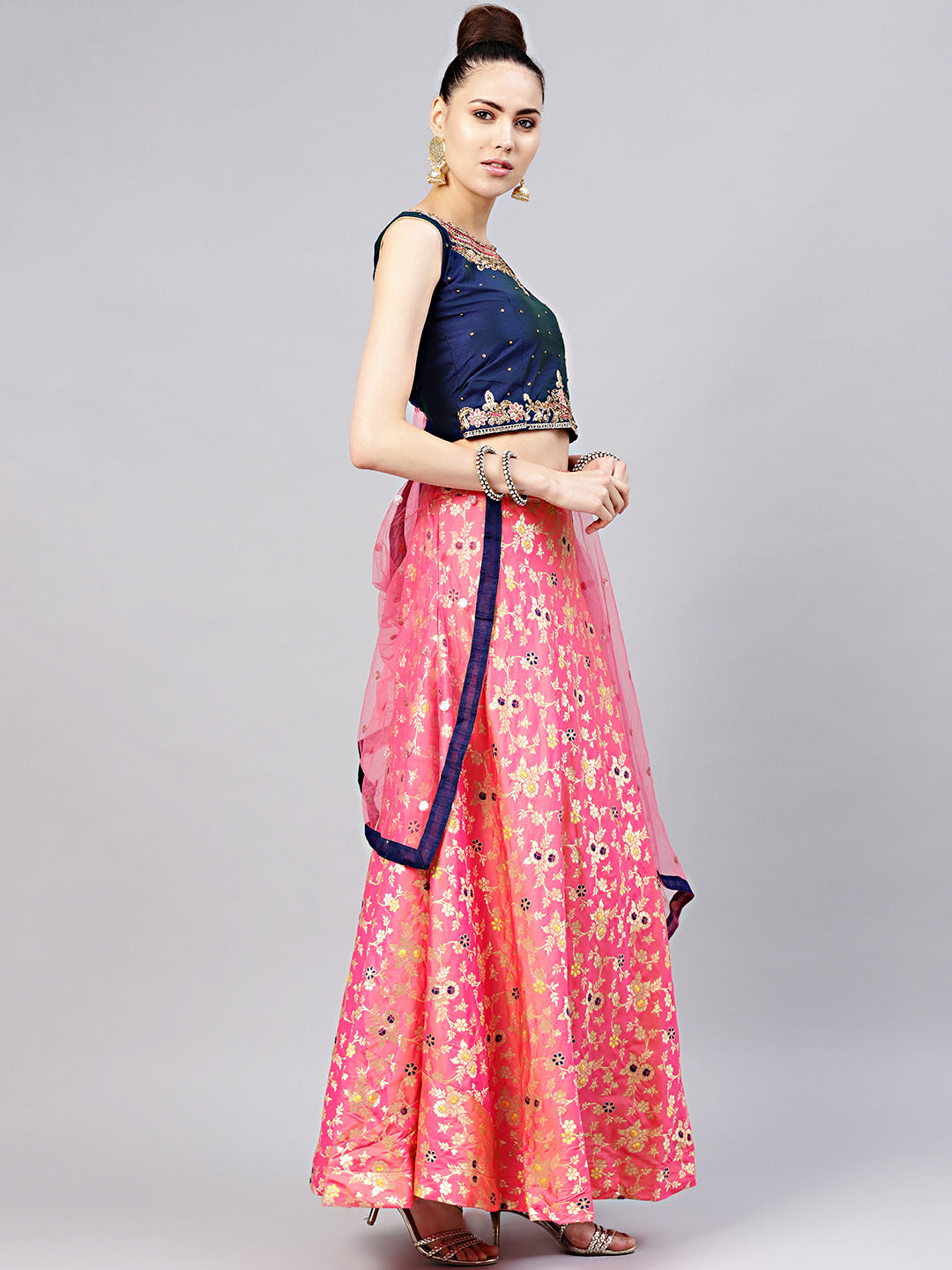 Banarasi Silk Crop Top Lehenga with Embroidered blouse