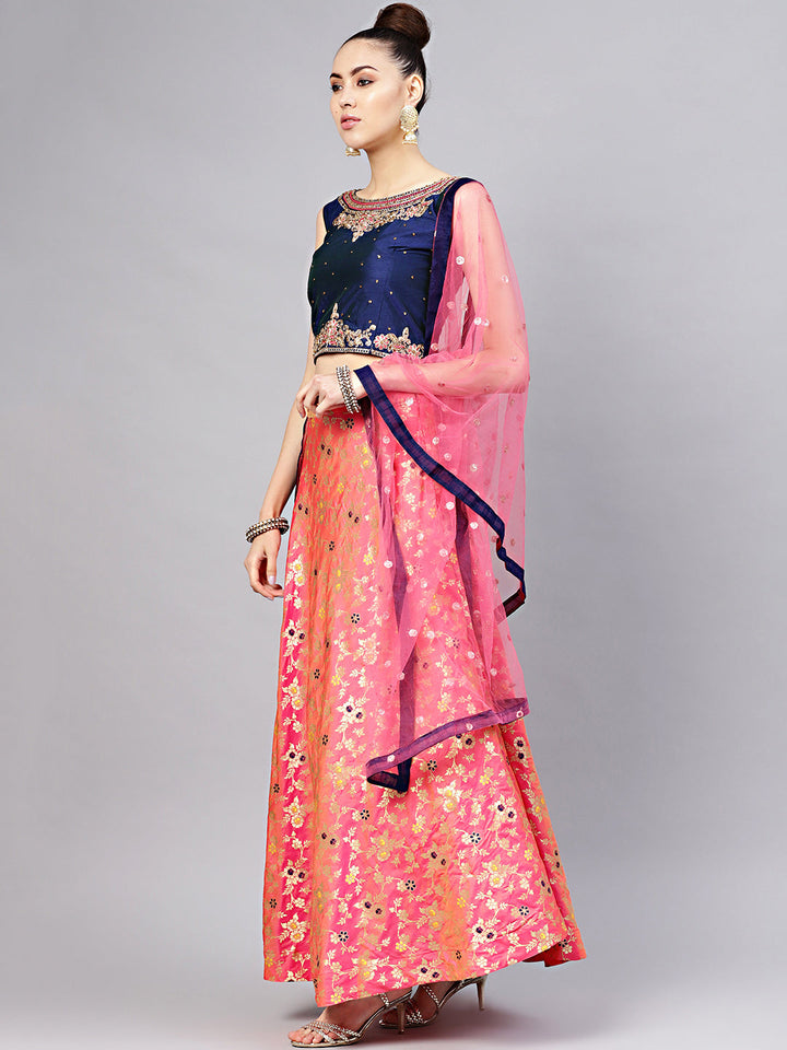 Banarasi Silk Crop Top Lehenga with Embroidered blouse