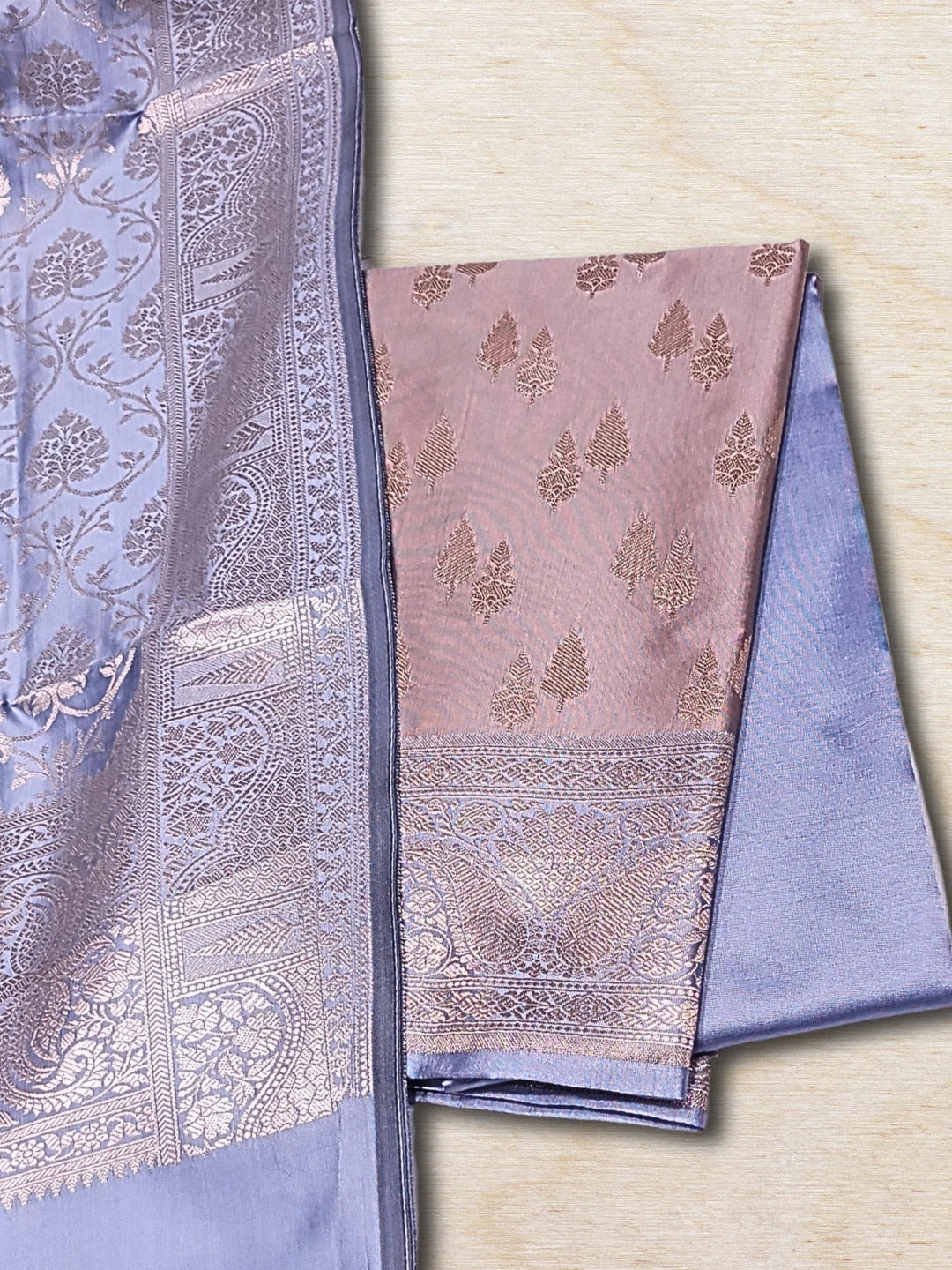 Banarasi Handloom Dress Material with Contrast color Handloom weaving & Tasseled Dupatta