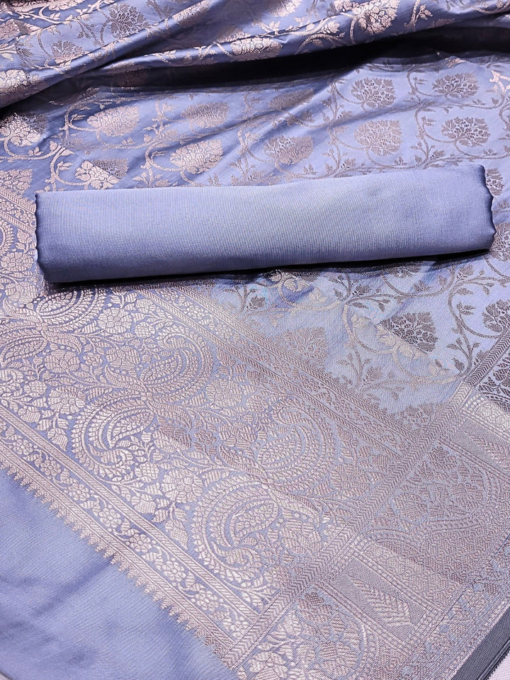 Banarasi Handloom Dress Material with Contrast color Handloom weaving & Tasseled Dupatta