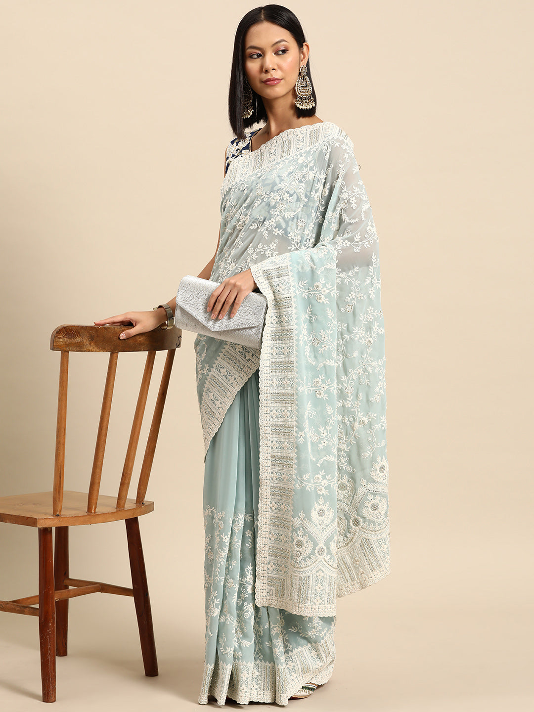 Pastel Blue Thread Chicken Embroidered Georgette Cocktail Saree