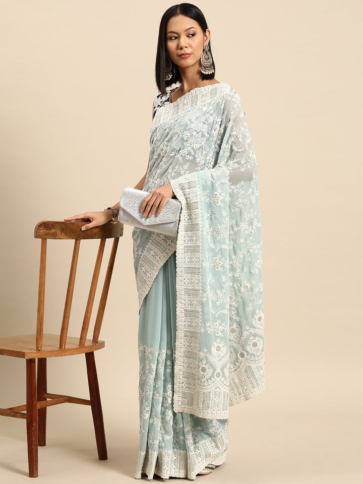 Pastel Blue Thread Chicken Embroidered Georgette Cocktail Saree