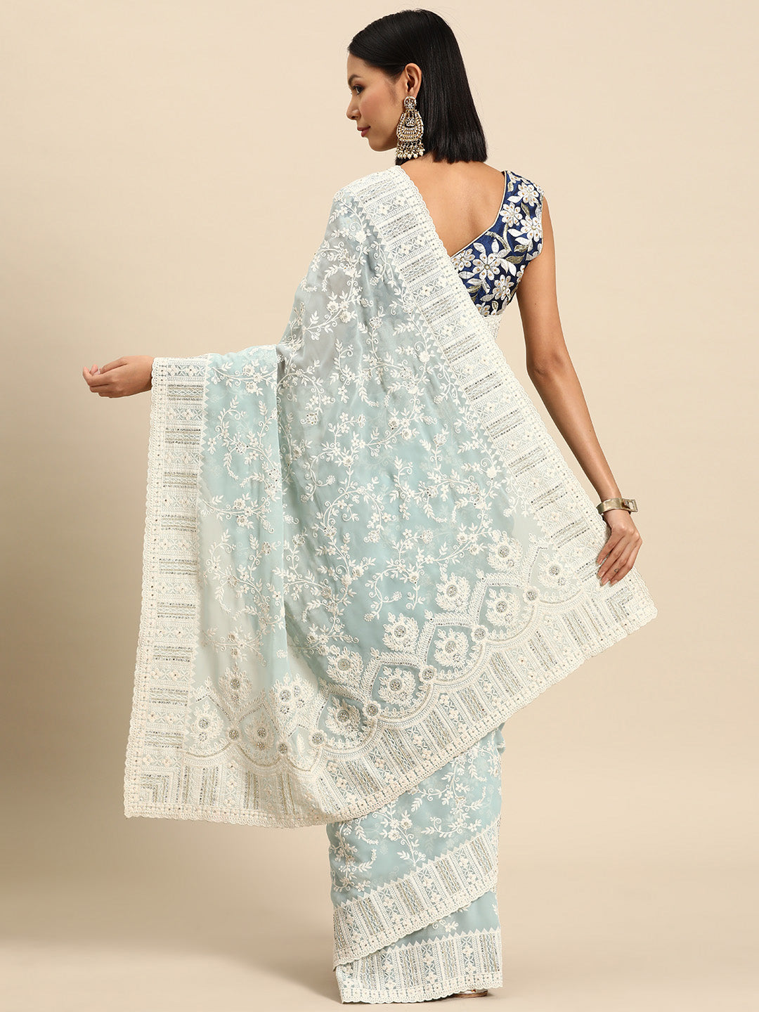 Pastel Blue Thread Chicken Embroidered Georgette Cocktail Saree