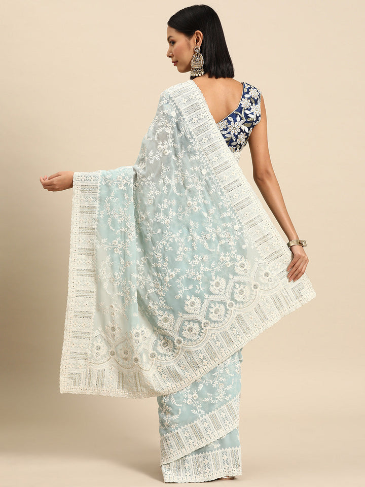 Pastel Blue Thread Chicken Embroidered Georgette Cocktail Saree