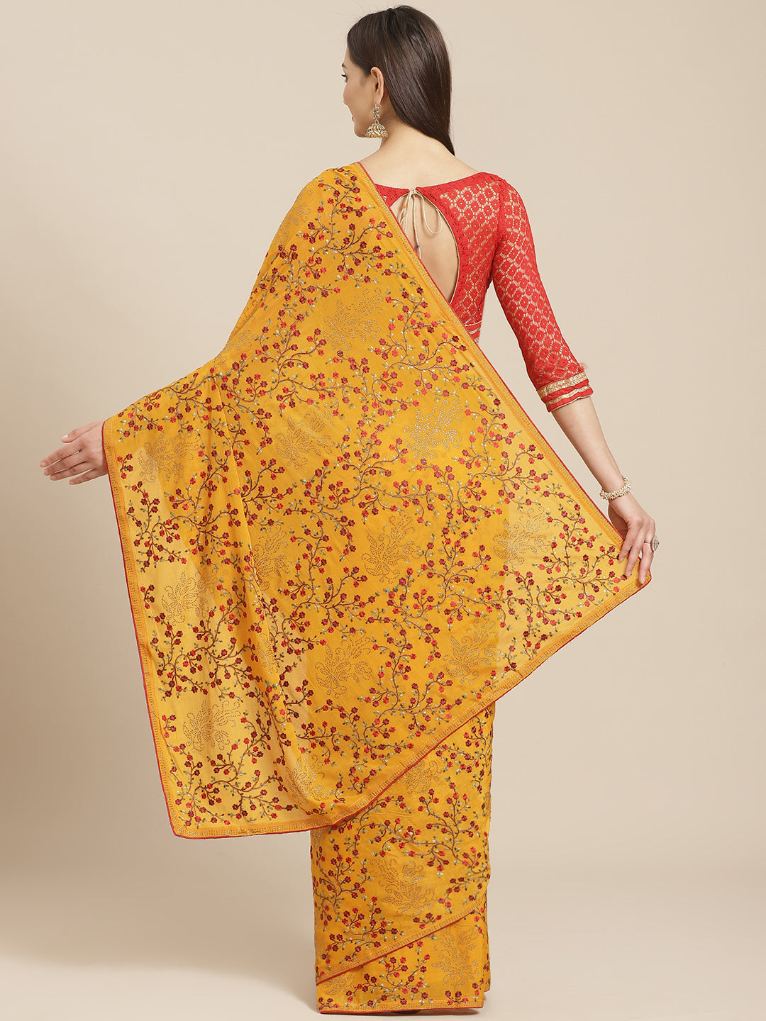 Mustard Yellow Georgette Saree with multicolor Resham Embroidered Flowers & Crystal Embellishments