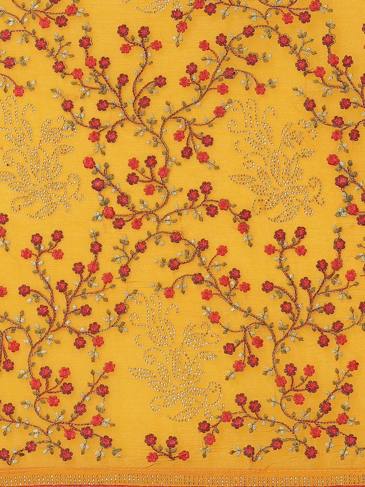 Mustard Yellow Georgette Saree with multicolor Resham Embroidered Flowers & Crystal Embellishments