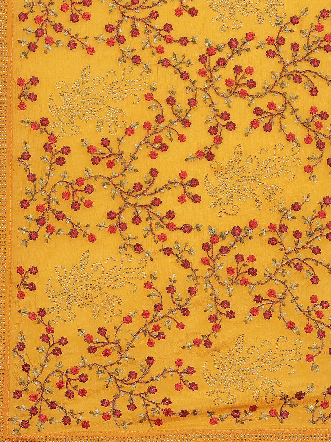 Mustard Yellow Georgette Saree with multicolor Resham Embroidered Flowers & Crystal Embellishments