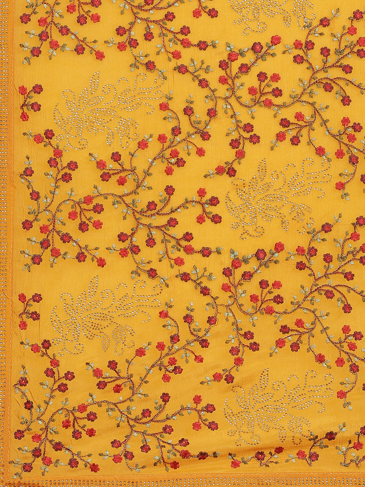 Mustard Yellow Georgette Saree with multicolor Resham Embroidered Flowers & Crystal Embellishments