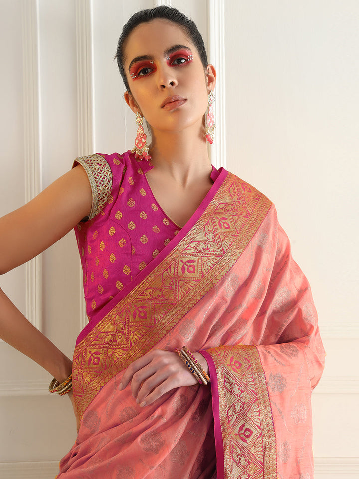 Floral Banarasi Silk Saree with Zari woven Temple Contrast Border