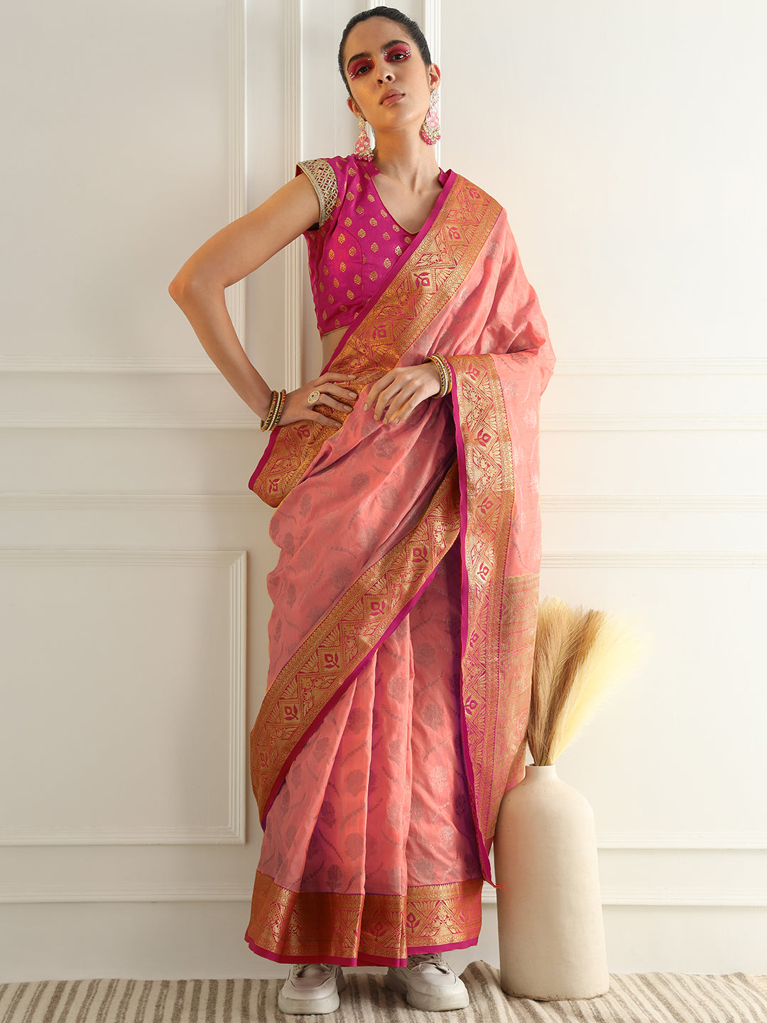 Floral Banarasi Silk Saree with Zari woven Temple Contrast Border