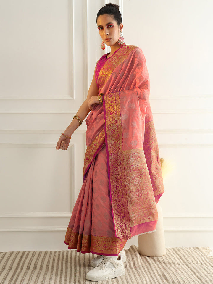Floral Banarasi Silk Saree with Zari woven Temple Contrast Border