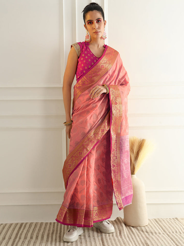 Floral Banarasi Silk Saree with Zari woven Temple Contrast Border