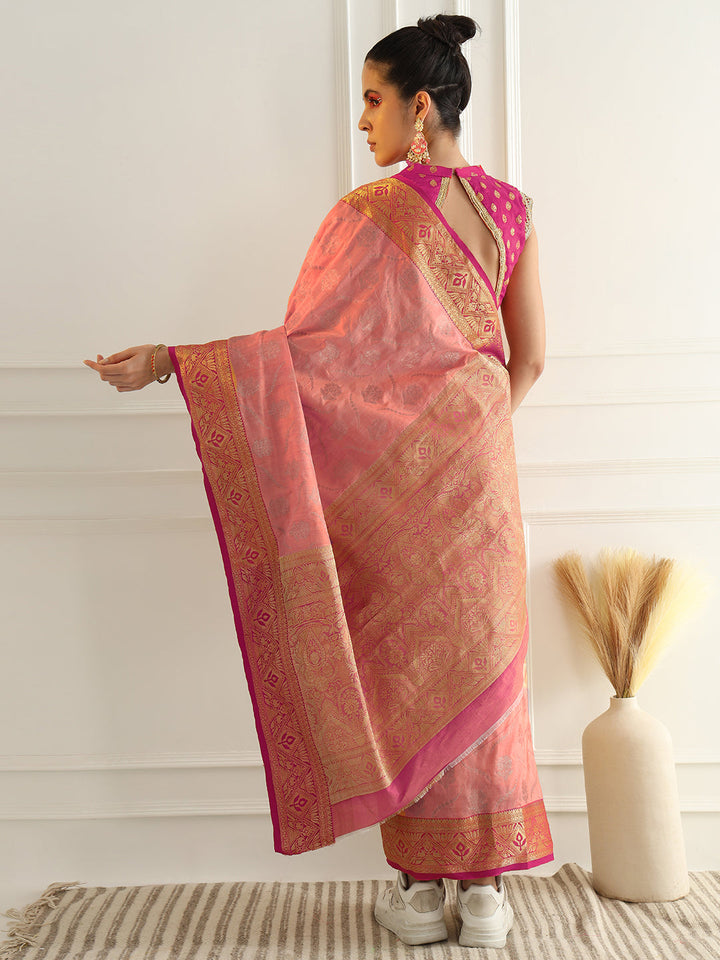 Floral Banarasi Silk Saree with Zari woven Temple Contrast Border