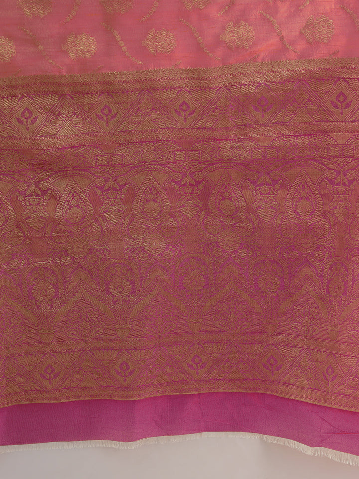 Floral Banarasi Silk Saree with Zari woven Temple Contrast Border