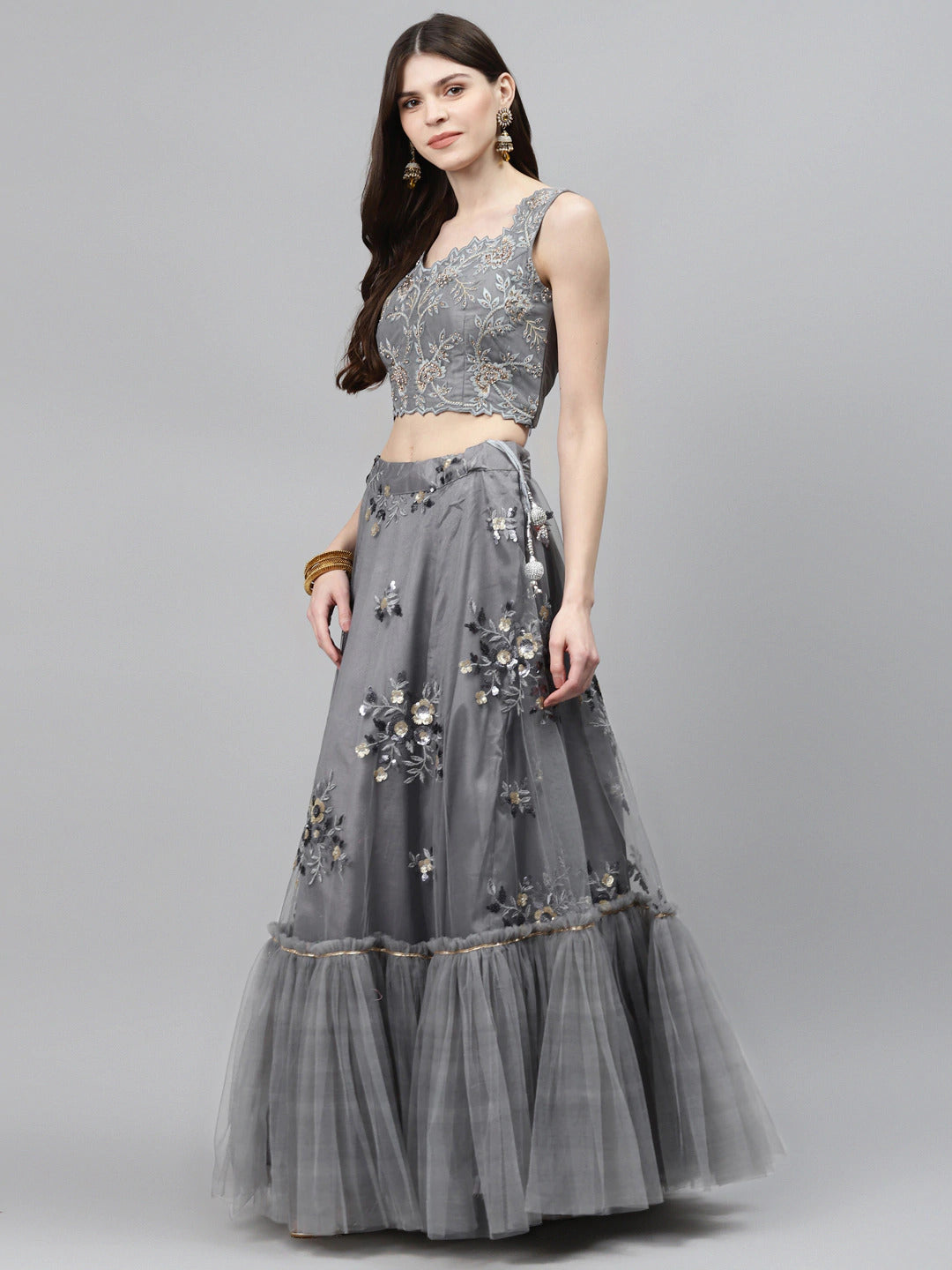 Scalloped Lehenga Set with Floral Resham Embroidery, Frills & Crystal Embellishments