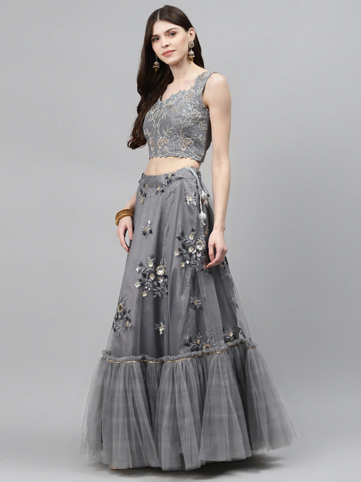 Scalloped Lehenga Set with Floral Resham Embroidery, Frills & Crystal Embellishments