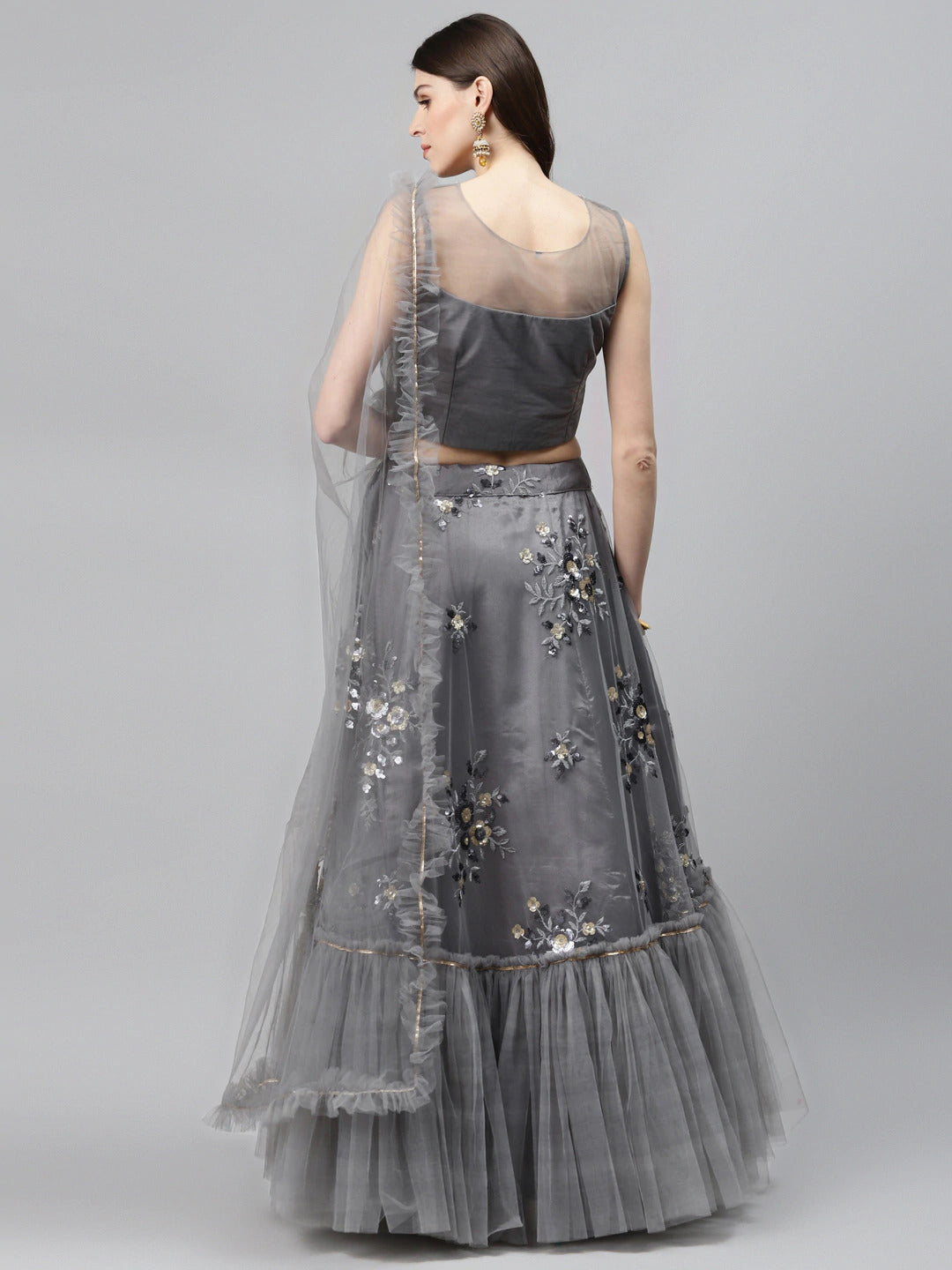 Scalloped Lehenga Set with Floral Resham Embroidery, Frills & Crystal Embellishments