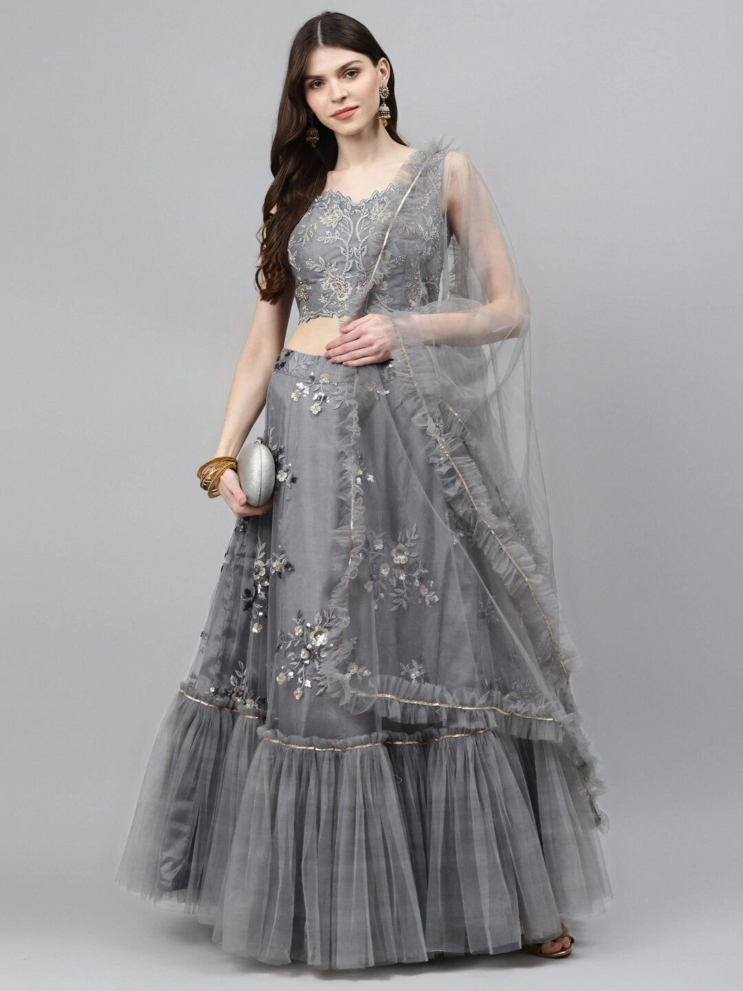 Scalloped Lehenga Set with Floral Resham Embroidery, Frills & Crystal Embellishments