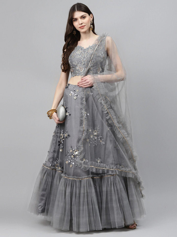 Scalloped Lehenga Set with Floral Resham Embroidery, Frills & Crystal Embellishments