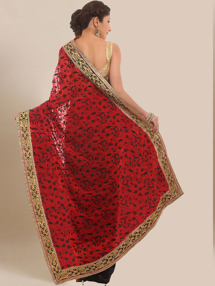 Red & Black Embroidered Georgette Saree
