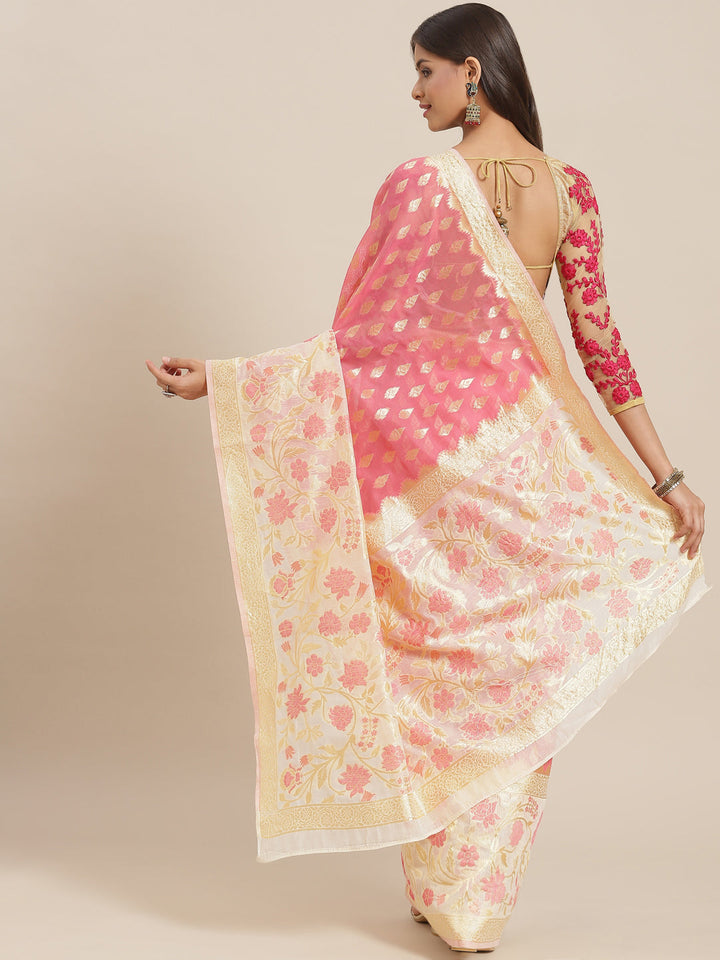 Pink & White Embellished Cotton Silk Traditional Brocade Saree