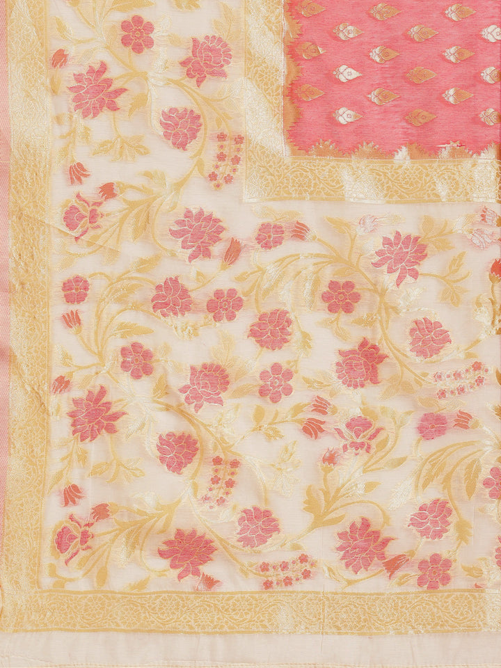 Pink & White Embellished Cotton Silk Traditional Brocade Saree