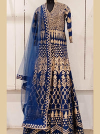 Blue Georgette Gown Dress With Heavy Golden Work Embellishments