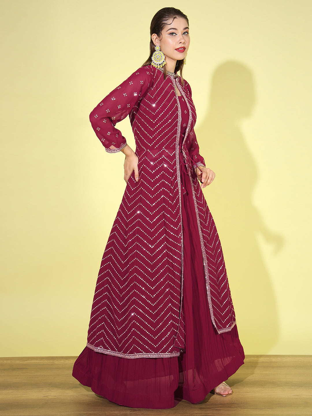 Pleated Lehenga Choli set with Chevron Sequinned Stylized Long Jacket