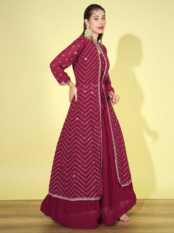 Pleated Lehenga Choli set with Chevron Sequinned Stylized Long Jacket