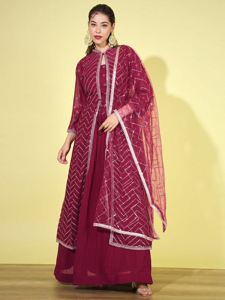 Pleated Lehenga Choli set with Chevron Sequinned Stylized Long Jacket