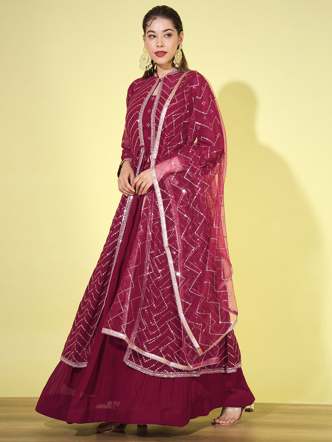 Pleated Lehenga Choli set with Chevron Sequinned Stylized Long Jacket