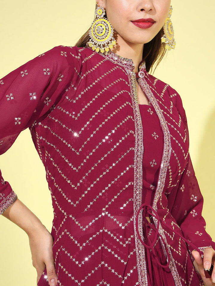 Pleated Lehenga Choli set with Chevron Sequinned Stylized Long Jacket