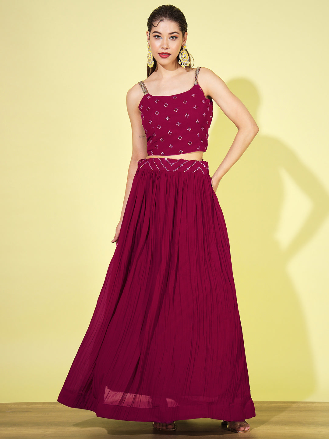 Pleated Lehenga Choli set with Chevron Sequinned Stylized Long Jacket