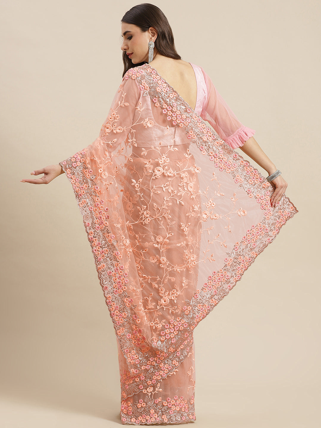 Pastel Net Zari & Resham Floral Embroidery Saree With Crystal & Scalloped Cutwork Border