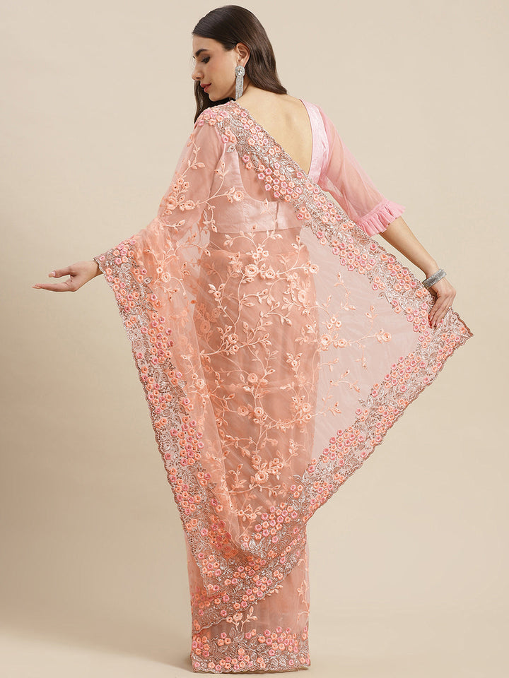 Pastel Net Zari & Resham Floral Embroidery Saree With Crystal & Scalloped Cutwork Border
