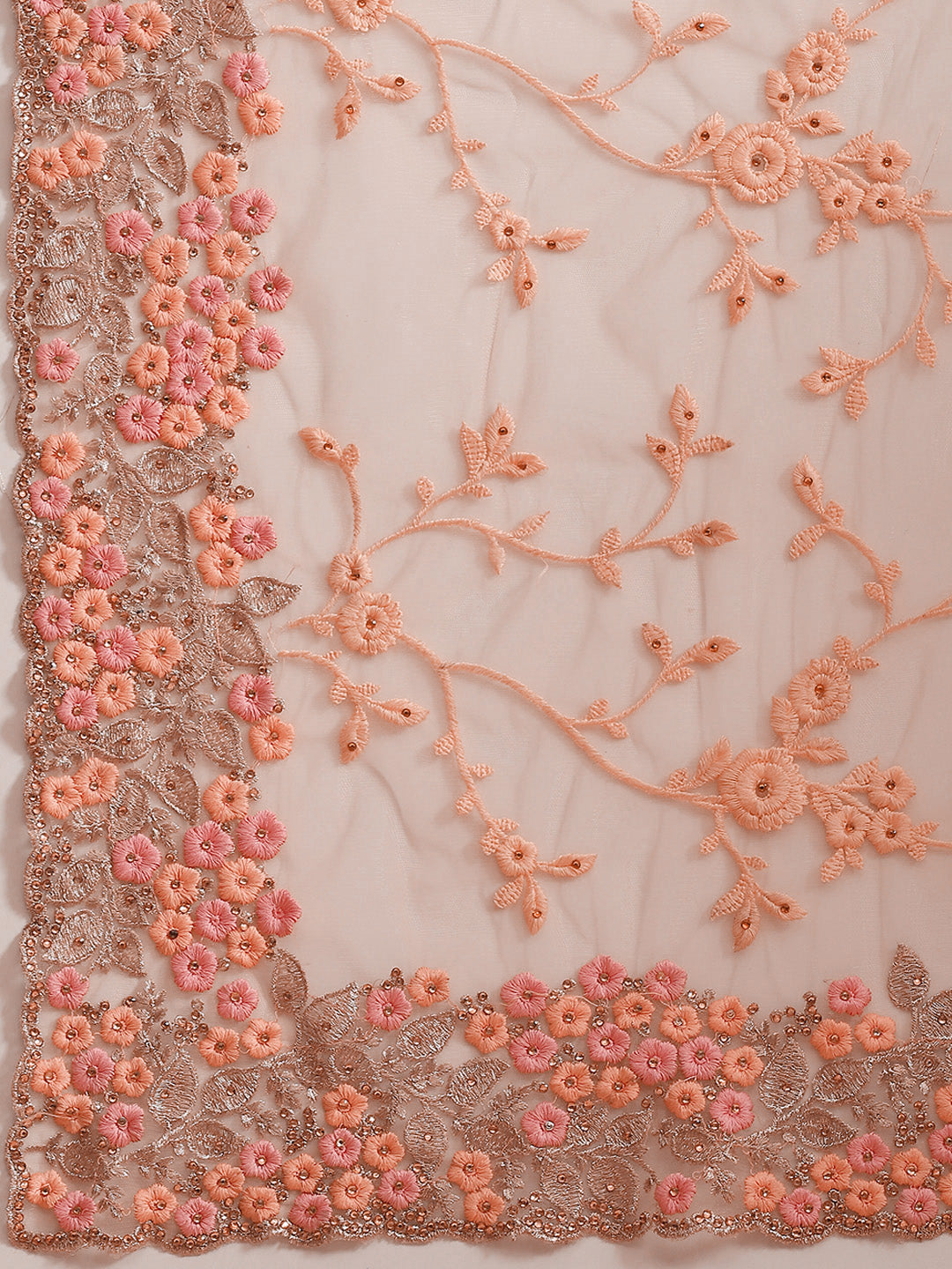 Pastel Net Zari & Resham Floral Embroidery Saree With Crystal & Scalloped Cutwork Border