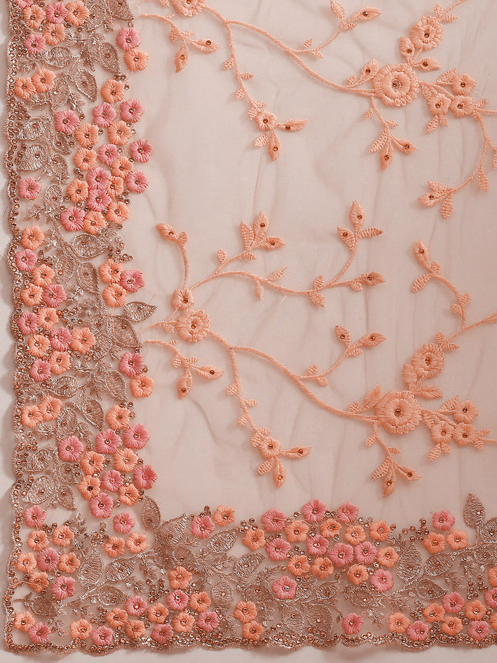 Pastel Net Zari & Resham Floral Embroidery Saree With Crystal & Scalloped Cutwork Border