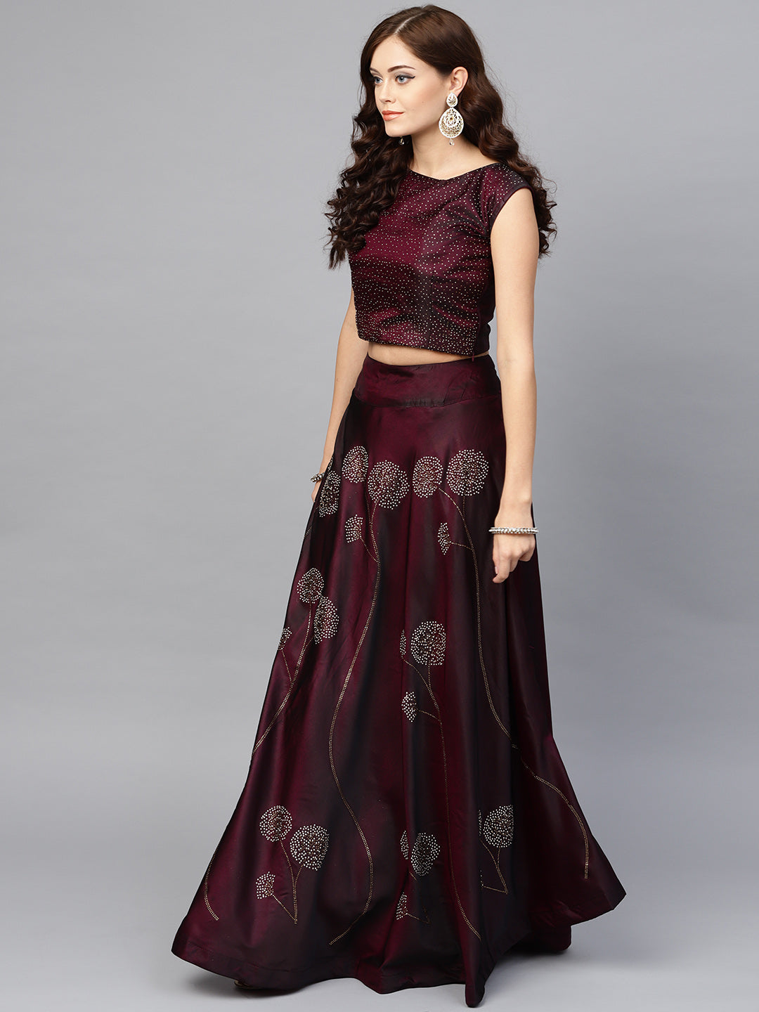 Embellished Silk Crop Top Lehenga in Floral Pattern