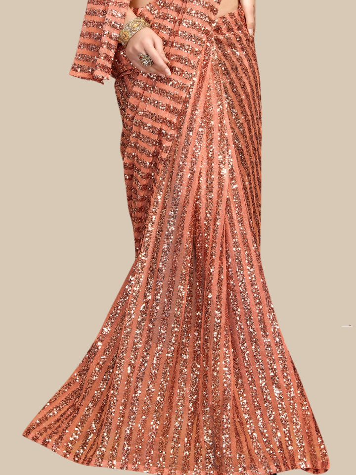 Peach Metallic Sequinned Party Wear Saree with Bell Sleeves Blouse