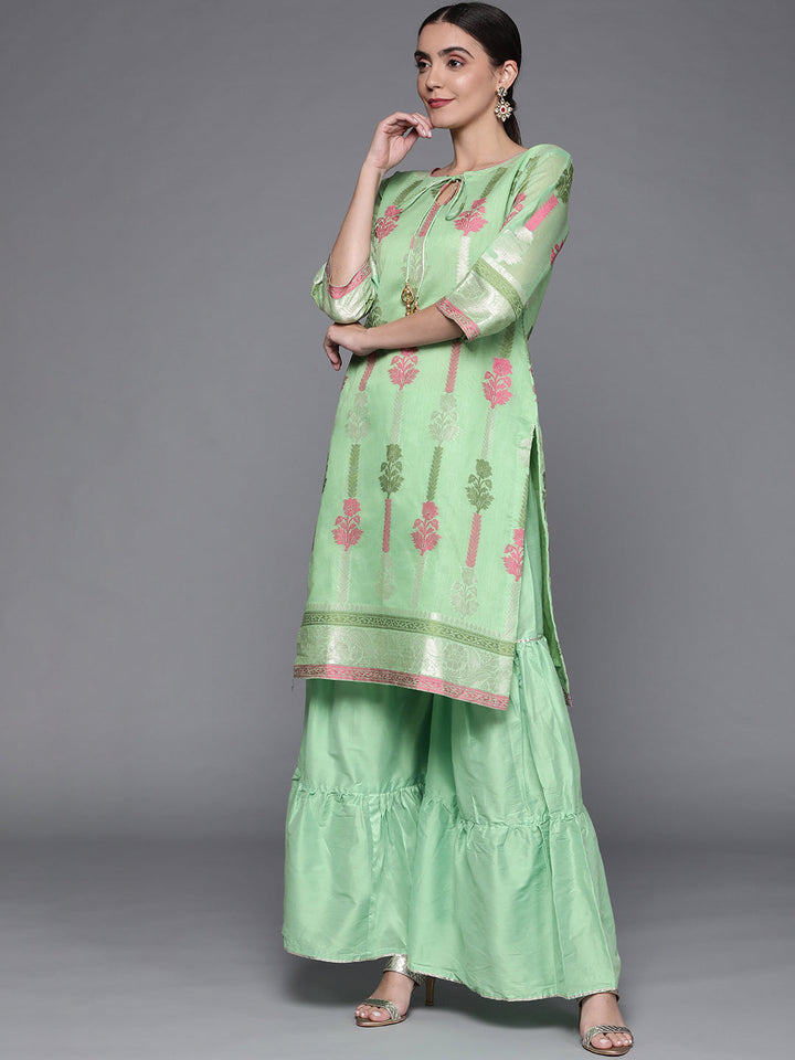 Sea Green Woven Floral Kurta Sharara Set with Banarasi Dupatta