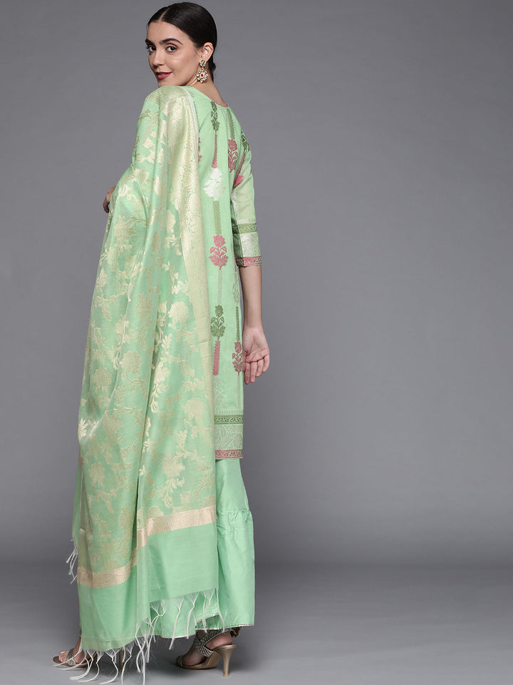 Sea Green Woven Floral Kurta Sharara Set with Banarasi Dupatta