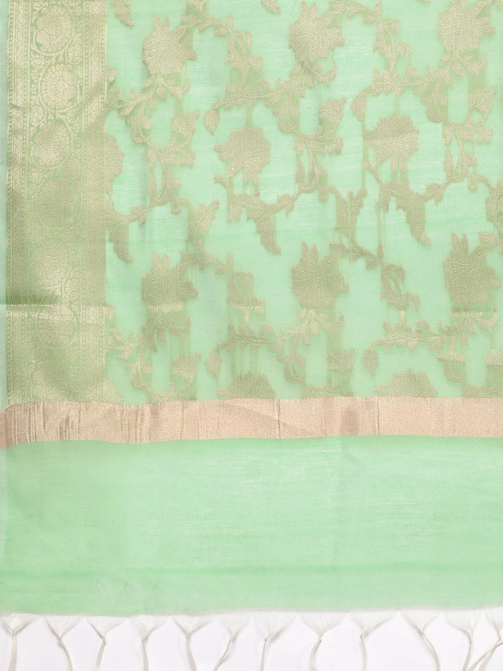 Sea Green Woven Floral Kurta Sharara Set with Banarasi Dupatta
