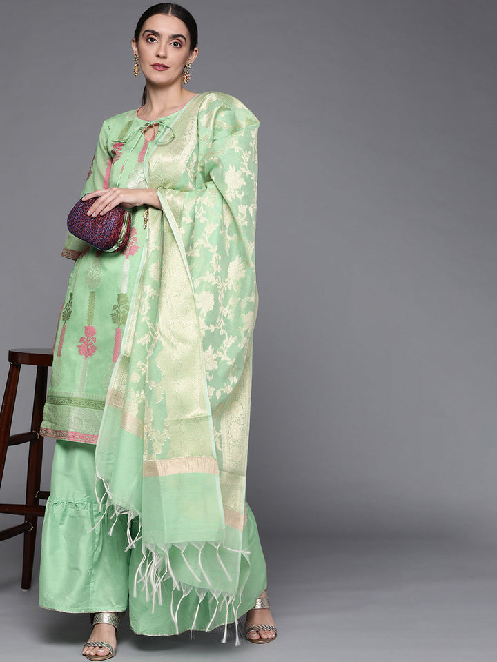 Sea Green Woven Floral Kurta Sharara Set with Banarasi Dupatta